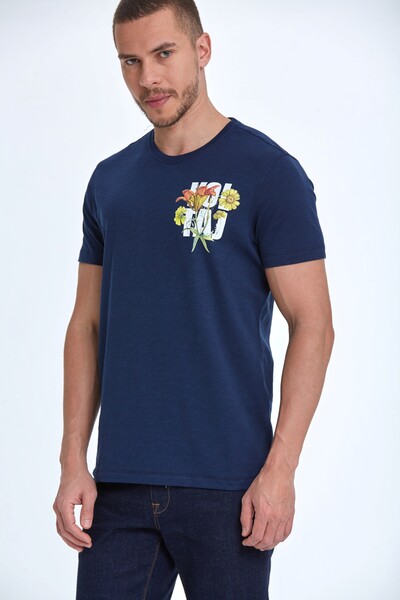 Voltaj Хлопковая мужская футболка с цветочным принтом - Thumbnail
