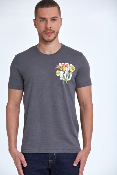 Voltaj Хлопковая мужская футболка с цветочным принтом - Thumbnail