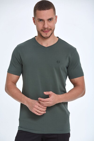 Вышитая хлопковая мужская футболка с v-образным вырезом - Thumbnail