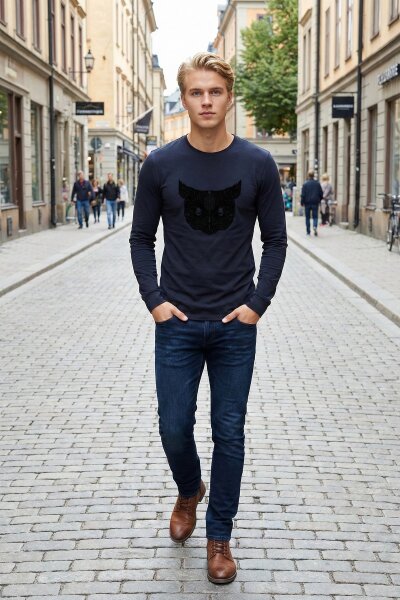 West Men's Long Sleeve T-Shirt Navy Blue - VOLTAJ 