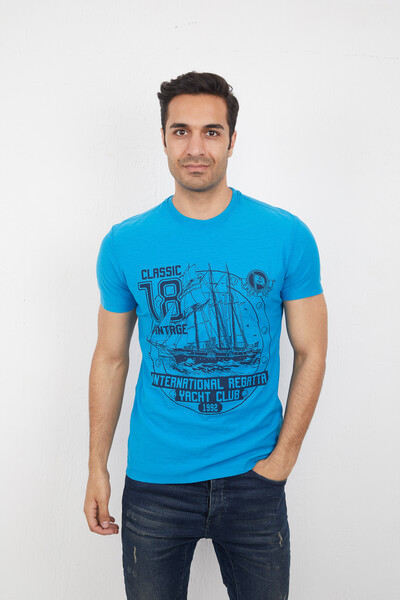 Yacht and Marine Printed Round Neck T-Shirt - Thumbnail