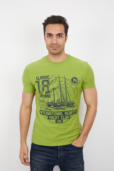 Yacht and Marine Printed Round Neck T-Shirt - Thumbnail