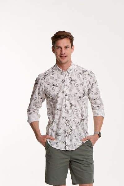 VOLTAJ - Yaprak Desenli Pamuklu Beyaz Slim Fit Erkek Gömlek