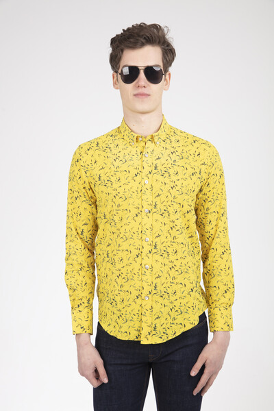 VOLTAJ - Yaprak Desenli Sarı Uzun Kollu Gömlek