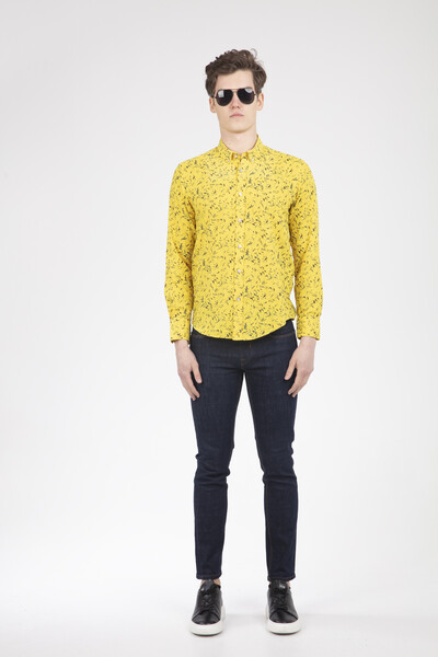 VOLTAJ - Yaprak Desenli Sarı Uzun Kollu Gömlek (1)