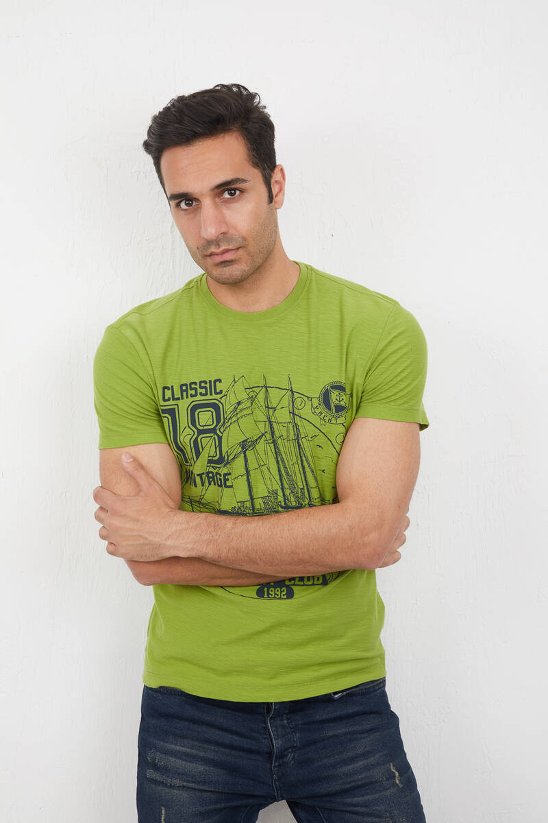 Yat ve Deniz Baskılı Bisiklet Yaka Tişört - 7