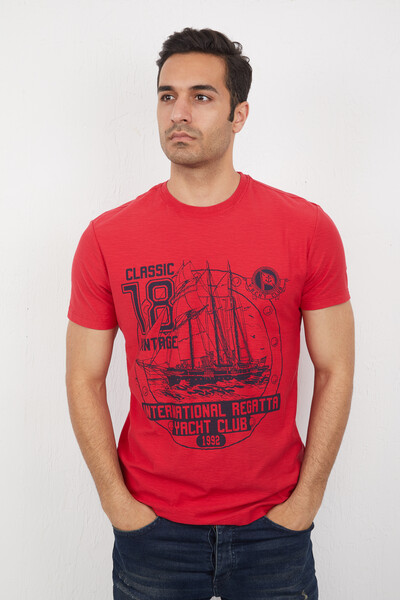 Yat ve Deniz Baskılı Bisiklet Yaka Tişört - 9