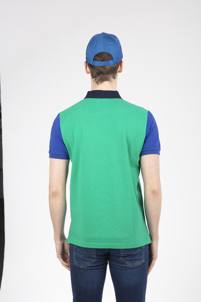 Зеленый Sax Blue Темно-синяя футболка с воротником поло с вышивкой - Thumbnail