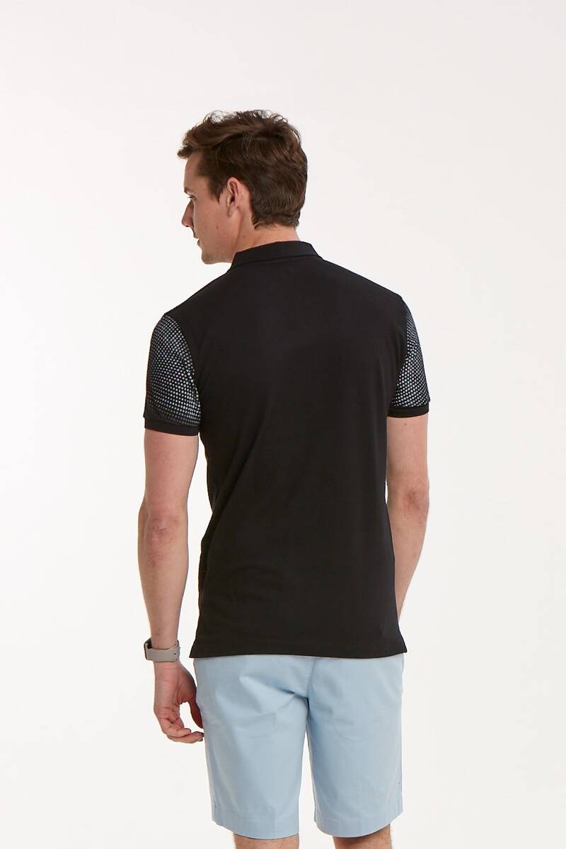 Zipper Printed Black Polo Neck Men's T-Shirt