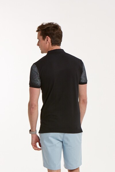 Zipper Printed Black Polo Neck Men's T-Shirt - Thumbnail