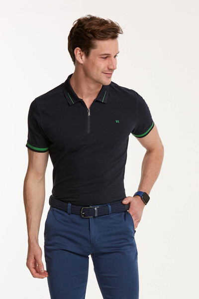 Zippered Embroidered Polo Neck Men's T-Shirt - Thumbnail