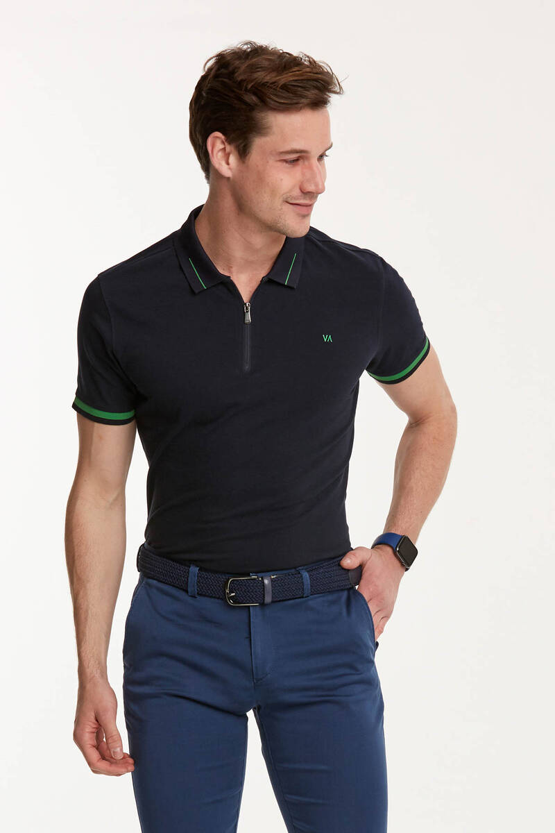Zippered Embroidered Polo Neck Men's T-Shirt