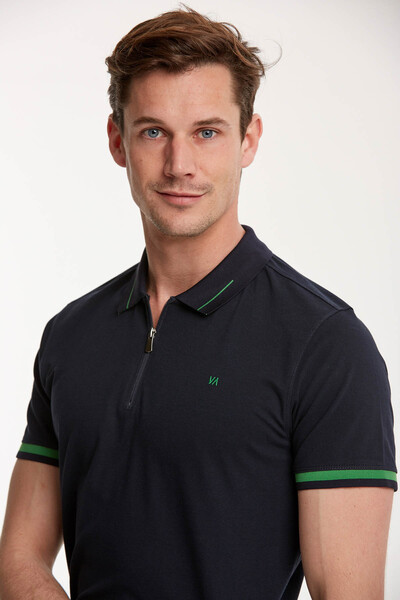 Zippered Embroidered Polo Neck Men's T-Shirt - Thumbnail