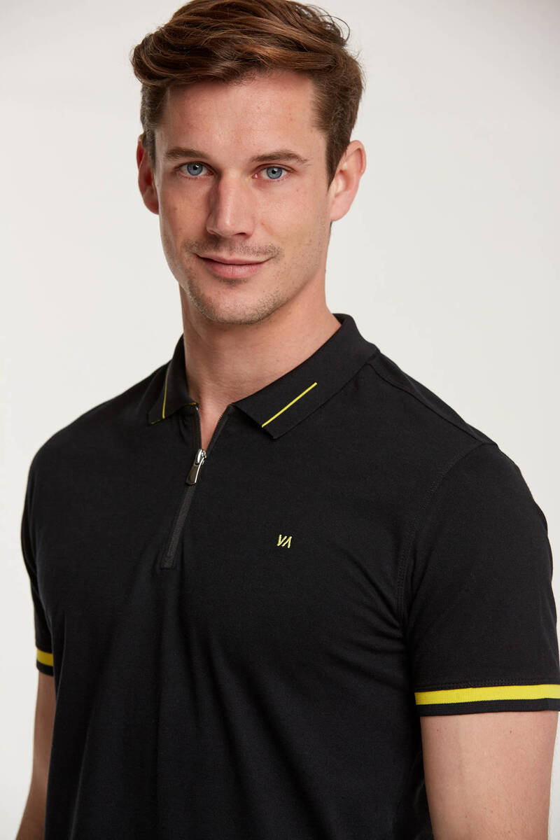 Zippered Embroidered Polo Neck Men's T-Shirt